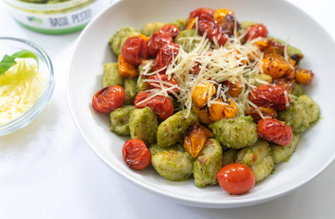 Cauliflower Gnocchi with Basil Pesto & Blistered Tomatoes
